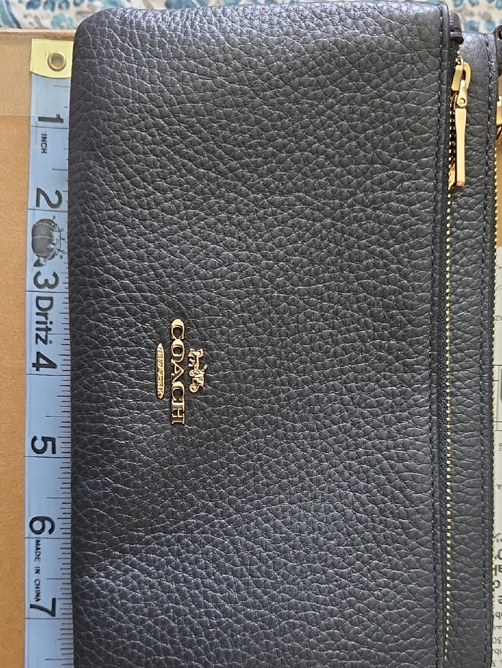 Coach Navy Pebbled Leather Zip Wrist Wallet with Gold Hardware